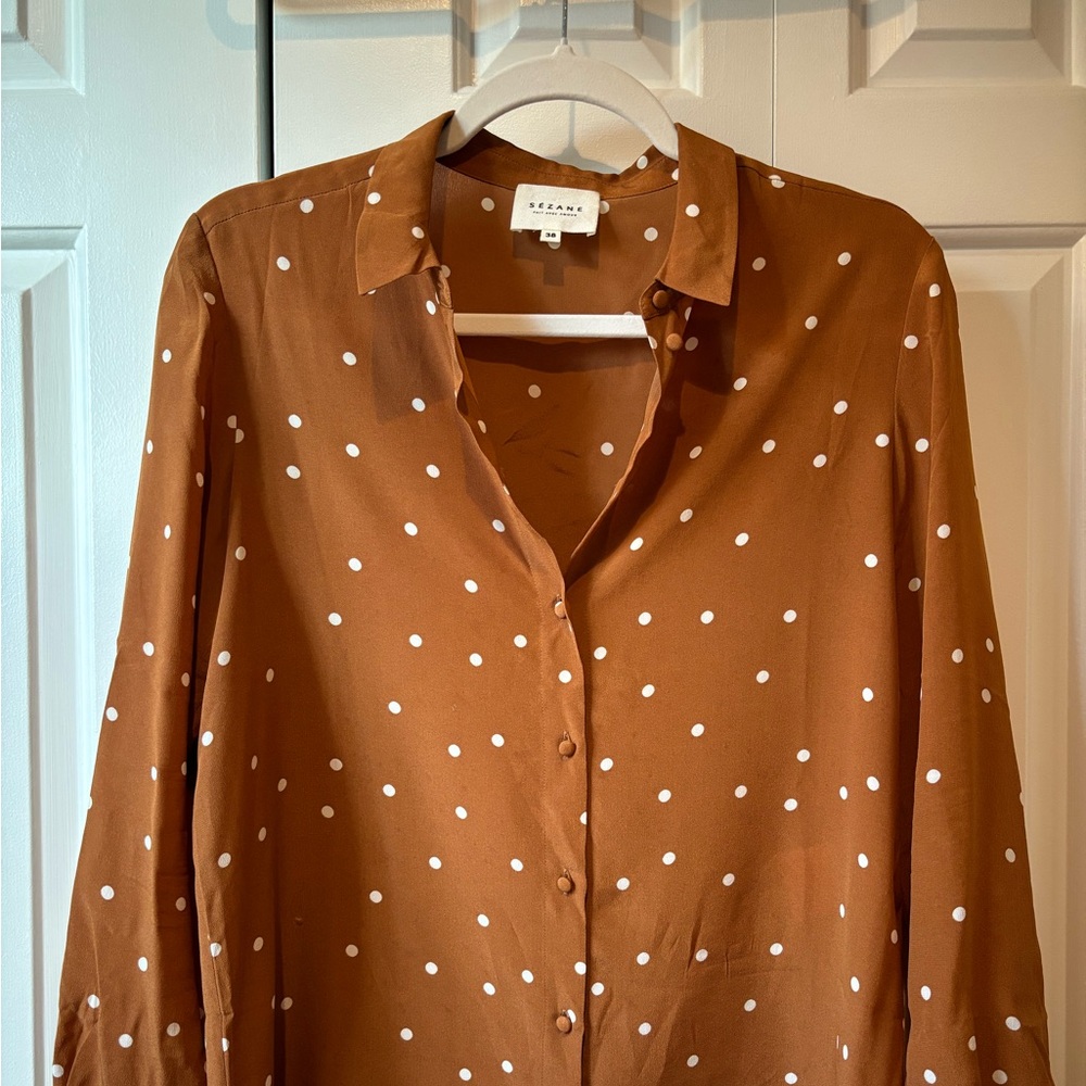 Sezane camel polkadot silk blouse / shirt